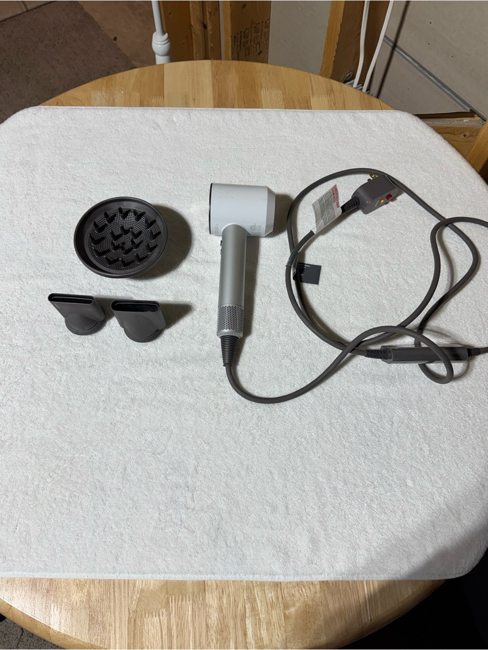 Dyson Silver and White Hair Dryer with Attachments